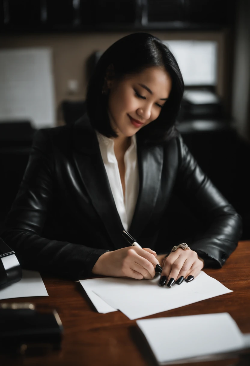 Wearing black leather gloves in both hands, upper body, black business suit, facing the desk in the modern study in the dark, looking down, smiling, writing a letter using a fountain pen, long, straight black hair, young and cute face Japanese female new employee (black leather gloves cover both hands)