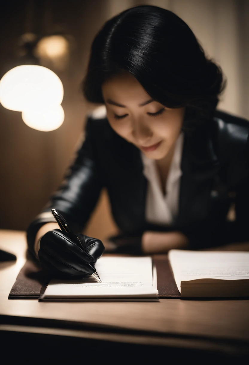 Wearing black leather gloves in both hands, upper body, black business suit, facing the desk in the modern study in the dark, looking down, smiling, writing a letter using a fountain pen, long, straight black hair, young and cute face Japanese female new employee (black leather gloves cover both hands)