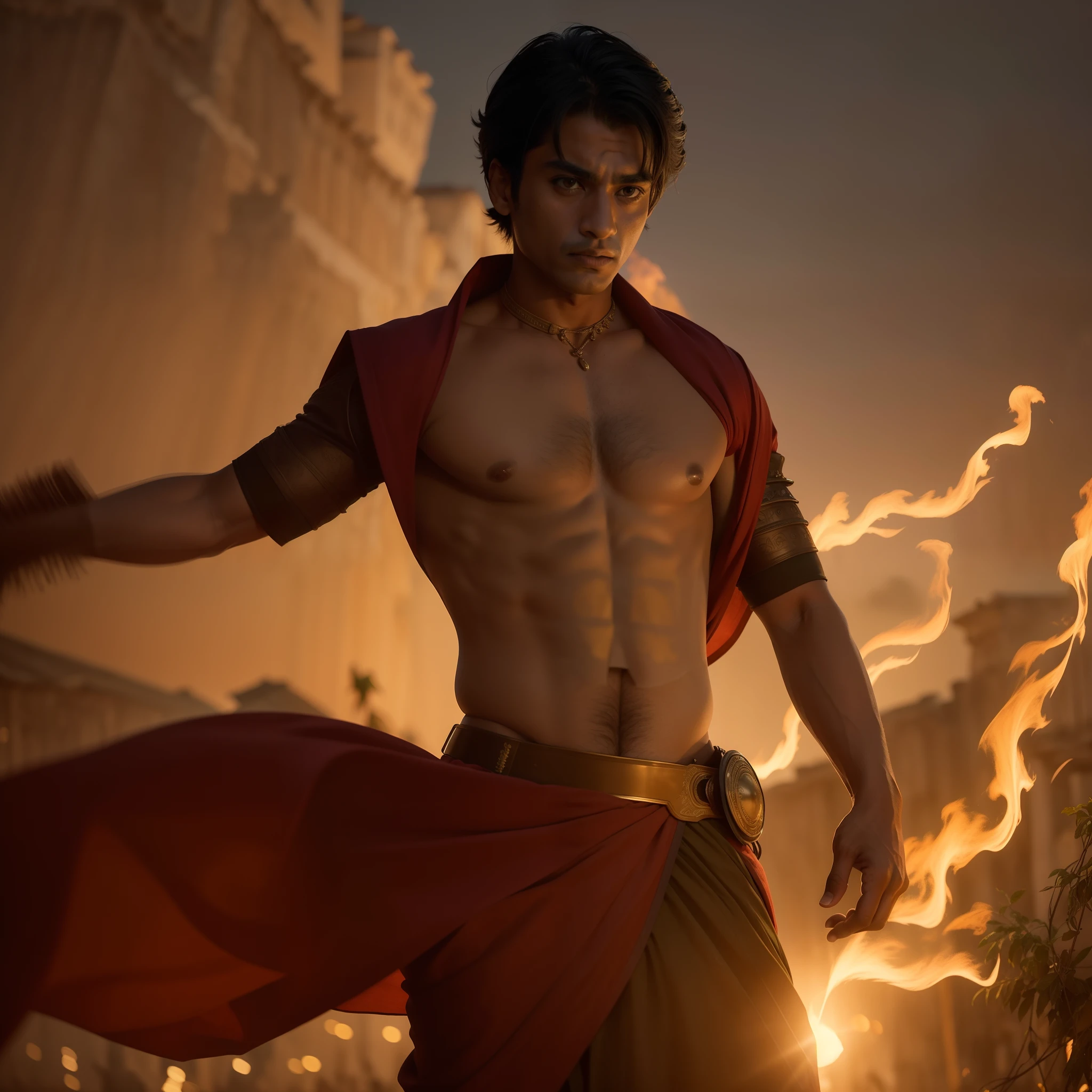 An Aggressive fit indian young man levitating and flying in the mid air, with fires in his both hands and aggressive eyes in middle of the ancient Indian village ruins, in front of people of the village, cinematic, cloudy, thundery, windy climate, protecting the villagers, saviour, mesmerising golden armour on the body, evening scene, evening sun shine, wide angle shot, 8k uhd quality, best masterpiece, extremely detailed face, extremely detailed cloths, extremely detailed lighting, soft and smooth lighting, extremely detailed background, depth of field,