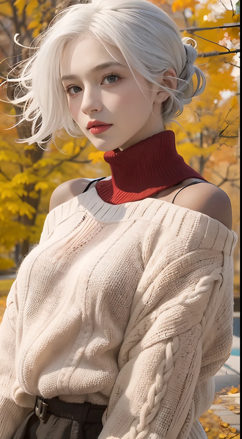 Medium Shot Shot, A beautiful woman looks at the camera, White hair, Chris Foss autumn off-the-shoulder sweater