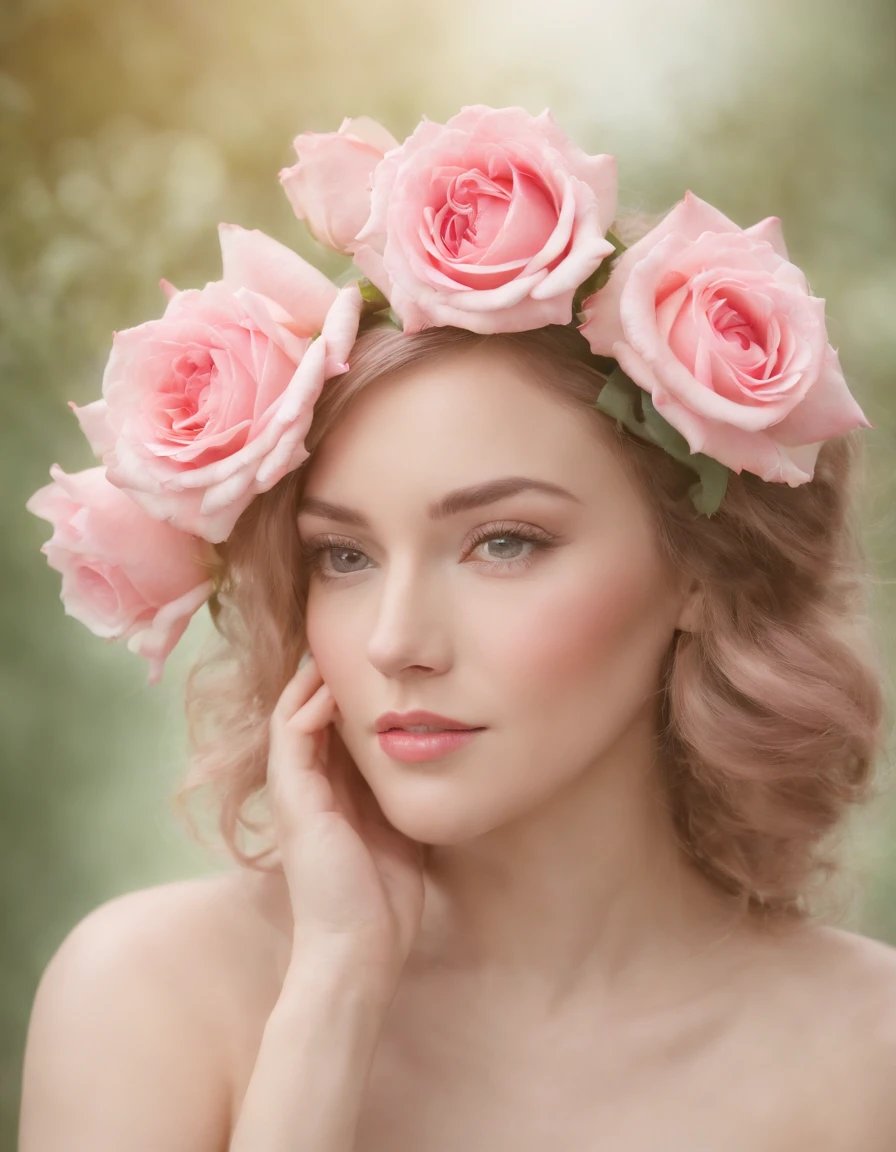 a woman with pink roses in her hair, in the style of digital collage, soft tonal range, neo-kitsch, color negative, minimal
