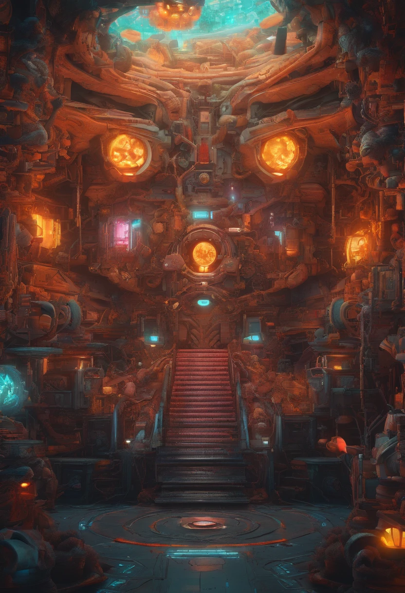 Place of Horror in the Quantum Realm. Mechanical biomorphism, horror art. Intricate detail, maximalist perfect illustration, digital painting art