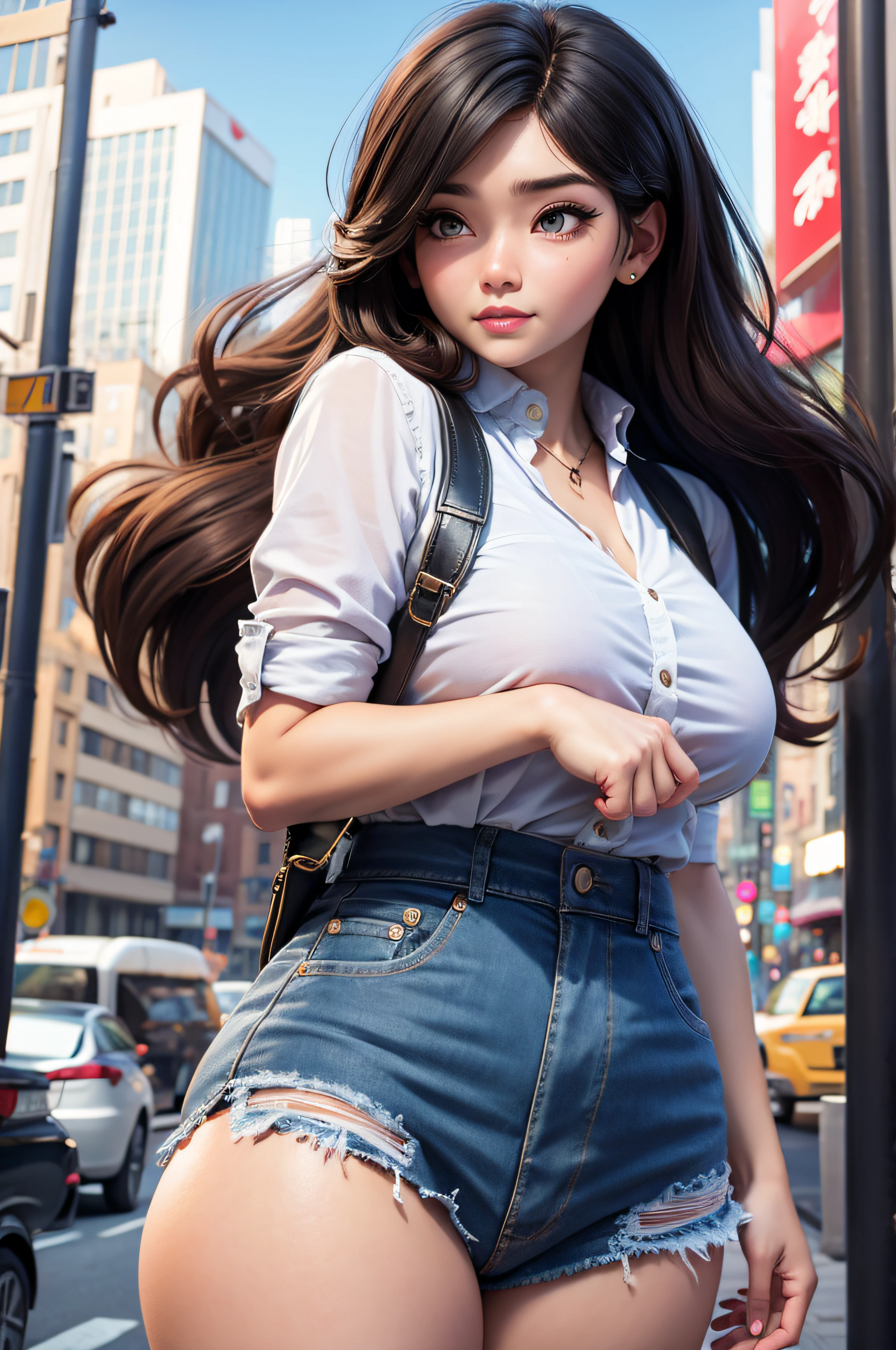 big body cute face woman standing near city