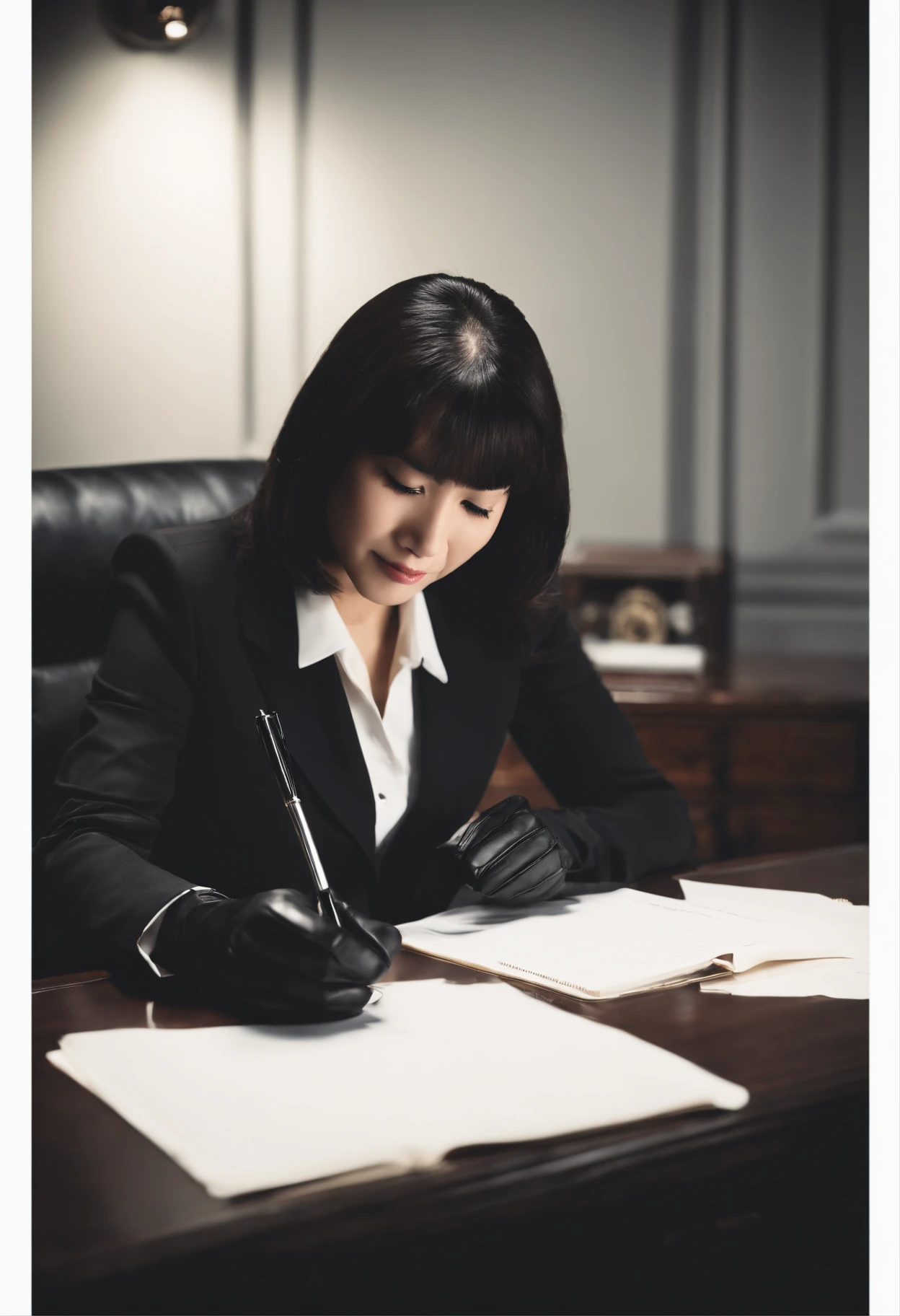 Wearing black leather gloves in both hands, upper body, black business suit, facing the desk in the modern study in the dark, looking down, smiling, writing a letter using a fountain pen, long, straight black hair, young and cute face Japanese female new employee (black leather gloves cover both hands)