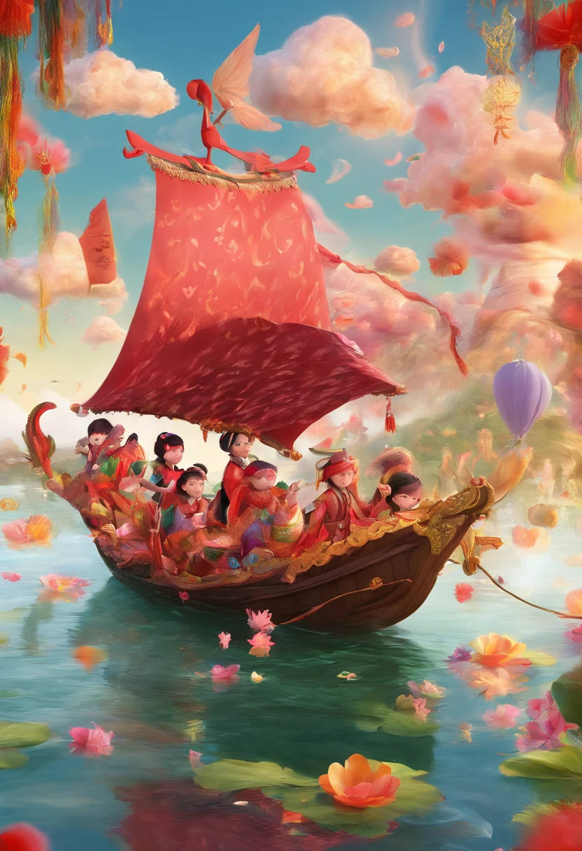 (Best quality,A high resolution,Masterpiece:1.2),Ultra-detailed,Realistic,3D model,C4D style,Upward view,dragon boats,Festive atmosphere,Joyful,Laughter,Adorable,Cartoon,3 Children,Enjoy zongzi