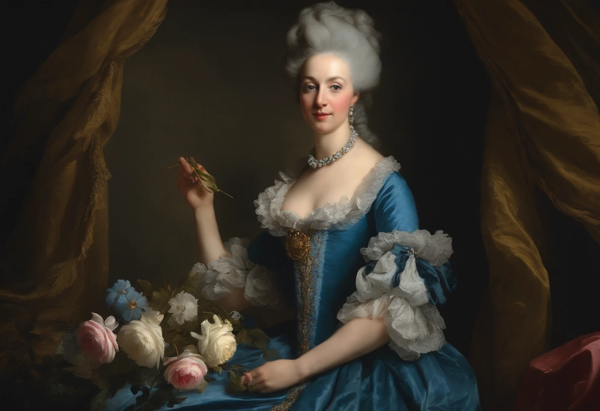 Portrait of woman in blue dress holding flowers, Marie Antoinette, 18th century art, Rococo Portrait, Adelaide Labill - Giard, Rococo-style portrait, Rococo art style, Rococo Art, by Adélaïde Labille-Guiard, by Jean-François de Troy