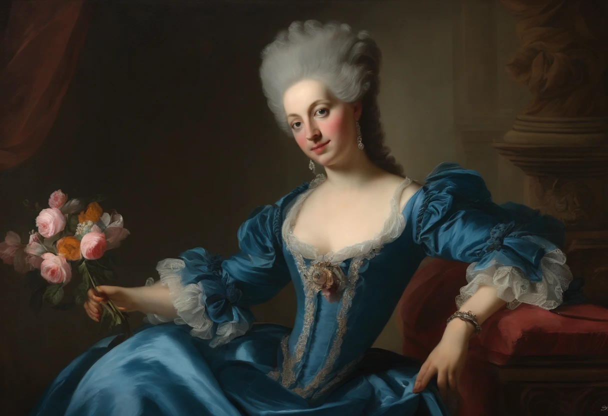 Portrait of woman in blue dress holding flowers, Marie Antoinette, 18th century art, Rococo Portrait, Adelaide Labill - Giard, Rococo-style portrait, Rococo art style, Rococo Art, by Adélaïde Labille-Guiard, by Jean-François de Troy