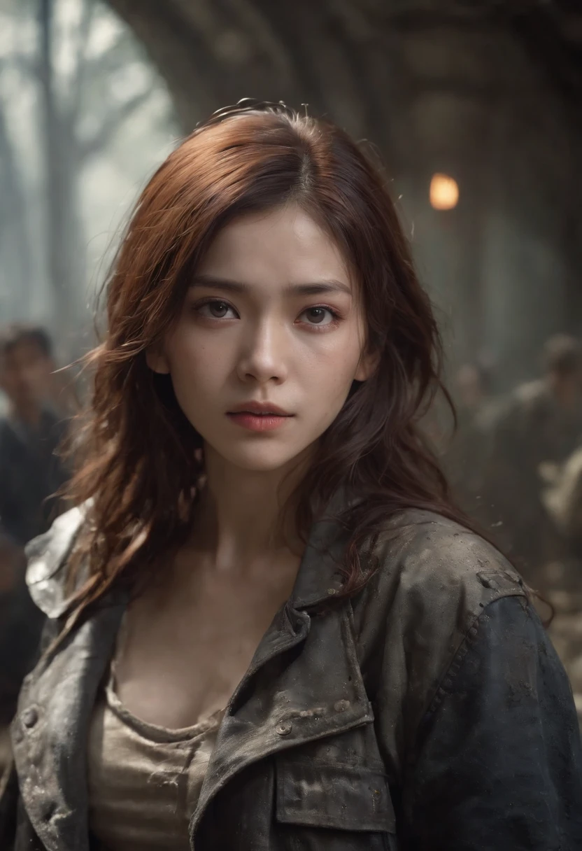 A breathtakingly beautiful girl, Radiant and charming eyes, Cold and intense, Long flowing hair, Sweaty body, Post-apocalyptic punk shirt, Short shorts, boot, Ultra photo realsisim, Realistic, best quality real texture skin, movie atmosphere, Tattered clothes, (Post-apocalyptic punk, Post-apocalyptic fiction), A post-apocalyptic world where buildings collapse, (blood stain), The art of Rei Kurahashi, Haunting and solemn, A beam of light shines through, Illuminate the gloomy environment, (Best quality, Masterpiece, Depth of field, Full-HD, 4K, Richness of detail), Portrait style,Upper body