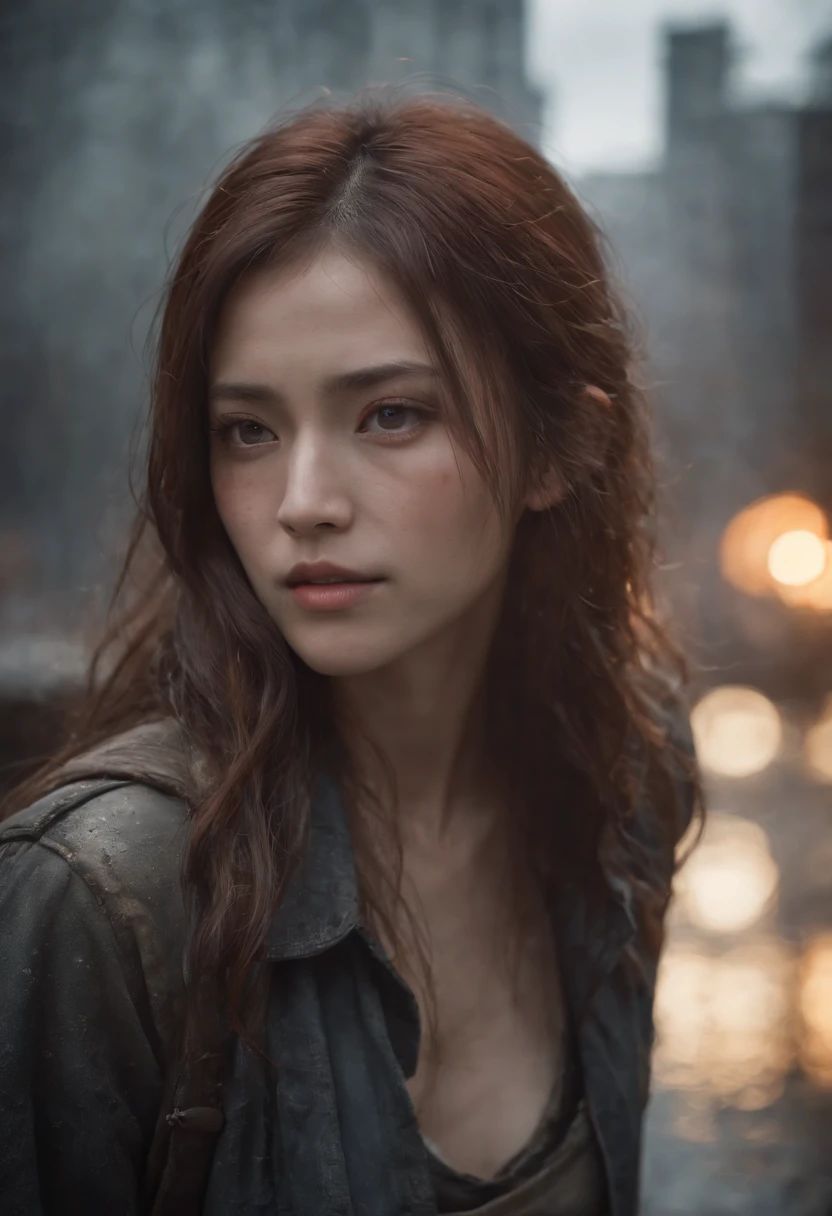 A breathtakingly beautiful girl, Radiant and charming eyes, Cold and intense, Long flowing hair, Sweaty body, Post-apocalyptic punk shirt, Short shorts, boot, Ultra photo realsisim, Realistic, best quality real texture skin, movie atmosphere, Tattered clothes, (Post-apocalyptic punk, Post-apocalyptic fiction), A post-apocalyptic world where buildings collapse, (blood stain), The art of Rei Kurahashi, Haunting and solemn, A beam of light shines through, Illuminate the gloomy environment, (Best quality, Masterpiece, Depth of field, Full-HD, 4K, Richness of detail), Portrait style,Upper body