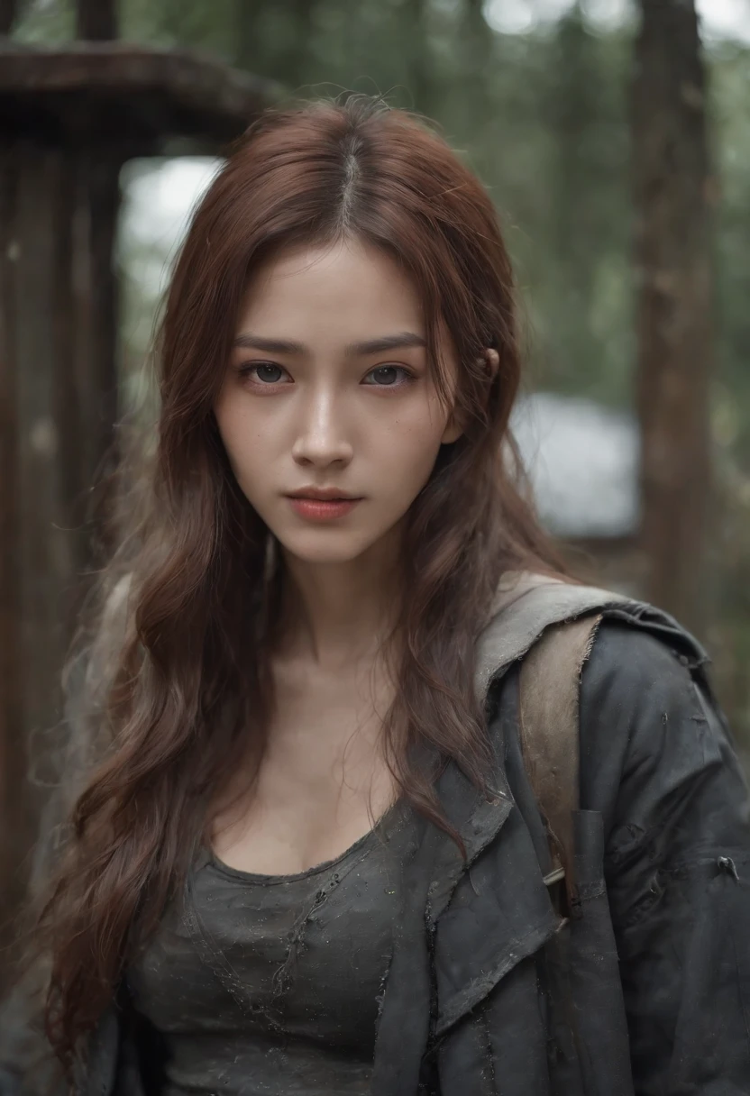 A breathtakingly beautiful girl, Radiant and charming eyes, Cold and intense, Long flowing hair, Sweaty body, Post-apocalyptic punk shirt, Short shorts, boot, Ultra photo realsisim, Realistic, best quality real texture skin, movie atmosphere, Tattered clothes, (Post-apocalyptic punk, Post-apocalyptic fiction), A post-apocalyptic world where buildings collapse, (blood stain), The art of Rei Kurahashi, Haunting and solemn, A beam of light shines through, Illuminate the gloomy environment, (Best quality, Masterpiece, Depth of field, Full-HD, 4K, Richness of detail), Portrait style,Upper body