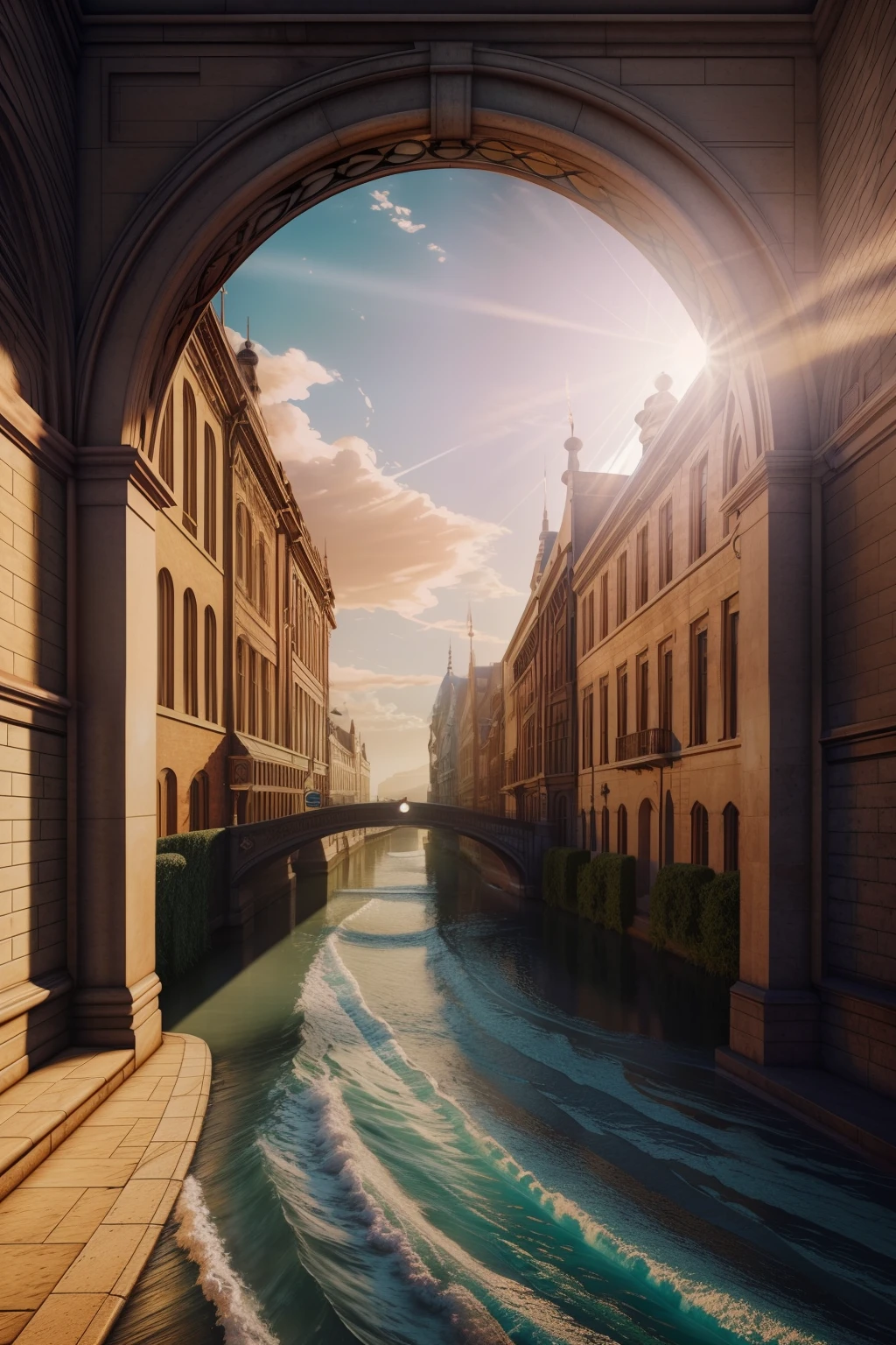 illustration of waving river flowing through big vintage clock, photorealistic, soft pastel colours, intricate, path tracing, illustration, insanely detailed, shadow mapping volumetric light, dramatic lighting, award winning photography