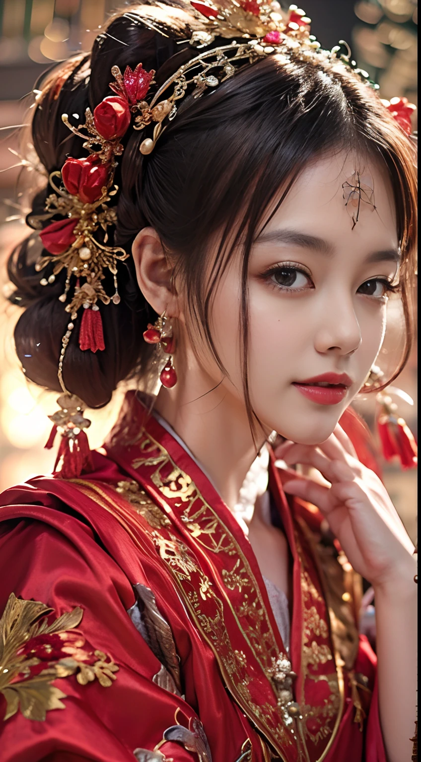 （Ultra-realistic 8K CG：1.2），Perfect artwork，delicate patterns，Complicated details，（Unbeatable masterpiece，Best quality at best：1.2），（extremly intricate：1.2），A woman in a red and gold dress，Phoenix crown，hair stick，（sitting on red bed），cosmetics，Be red in the face，is shy，black_Hair，looking-down，cosmetics，（forehead dot），（2 red candles），Chinese_clothes，窗帘，耳Nipple Ring，Hair_decorations，Hanfu，inside in room， jewely，rednails，Long_Sleeves，reddress，Redlip，nipple tassels，（Red quilt），（red palace：1.2），（Chinese Ancient Architecture），（rot：1.8），natta，perfect hand