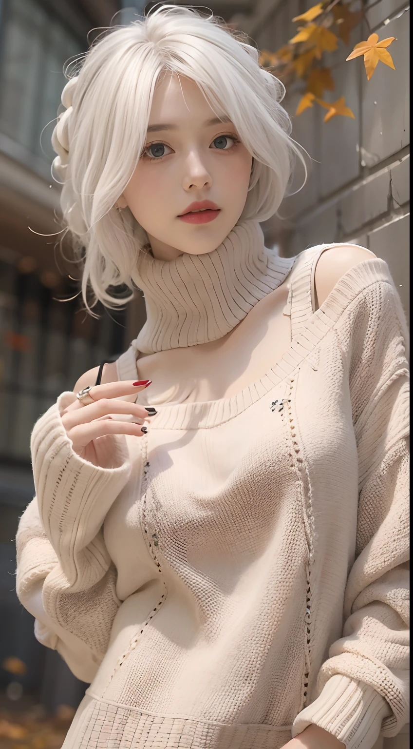 Medium Shot Shot, A beautiful woman looks at the camera, White hair, Chris Foss autumn off-the-shoulder sweater