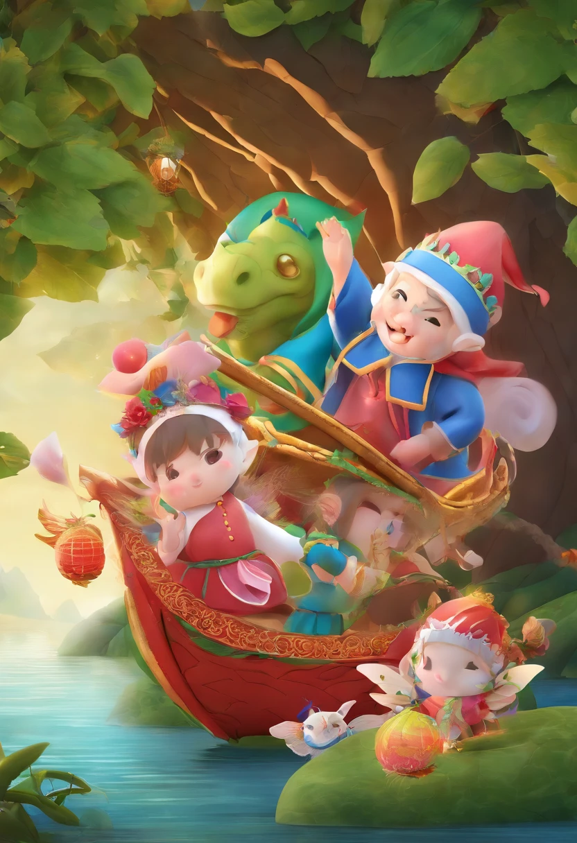 (Best quality,A high resolution,Masterpiece:1.2),Ultra-detailed,Realistic,3D model,C4D style,Upward view,dragon boats,Festive atmosphere,Joyful,Laughter,Adorable,Cartoon,3 Children,Enjoy zongzi