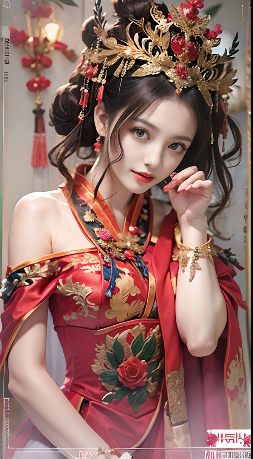 (Ultra-realistic 8K CG:1.2),Perfect artwork,delicate patterns,Complicated details,(Unbeatable masterpiece,Best quality at best:1.2),(extremly intricate:1.2),A woman in a red and gold dress,Phoenix crown,hair stick,(sitting on red bed),cosmetics,Be red in the face,is shy,black_Hair,looking-down,cosmetics,(forehead dot),(2 red candles),Chinese_clothes,窗帘,耳Nipple Ring,Hair_decorations,Hanfu,inside in room, jewely,rednails,Long_Sleeves,reddress,Redlip,nipple tassels,(Red quilt),(red palace:1.2),(Chinese Ancient Architecture),(rot:1.8),natta,perfect hand