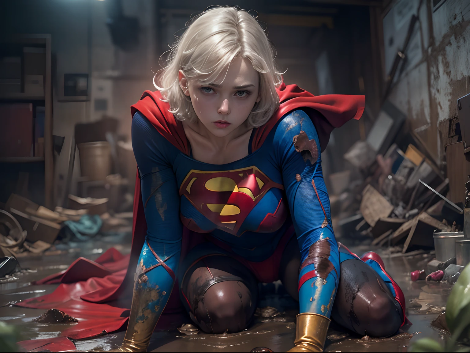 masterpiece、Short-haired Supergirl collapses into a creepy laboratory、large full breasts、Looking at the camera、Glossy costume、Tattered costume、wounded、dreary atmosphere、Strange atmosphere、Crotch、Mud stains、bright red boots、Suspicious shadows