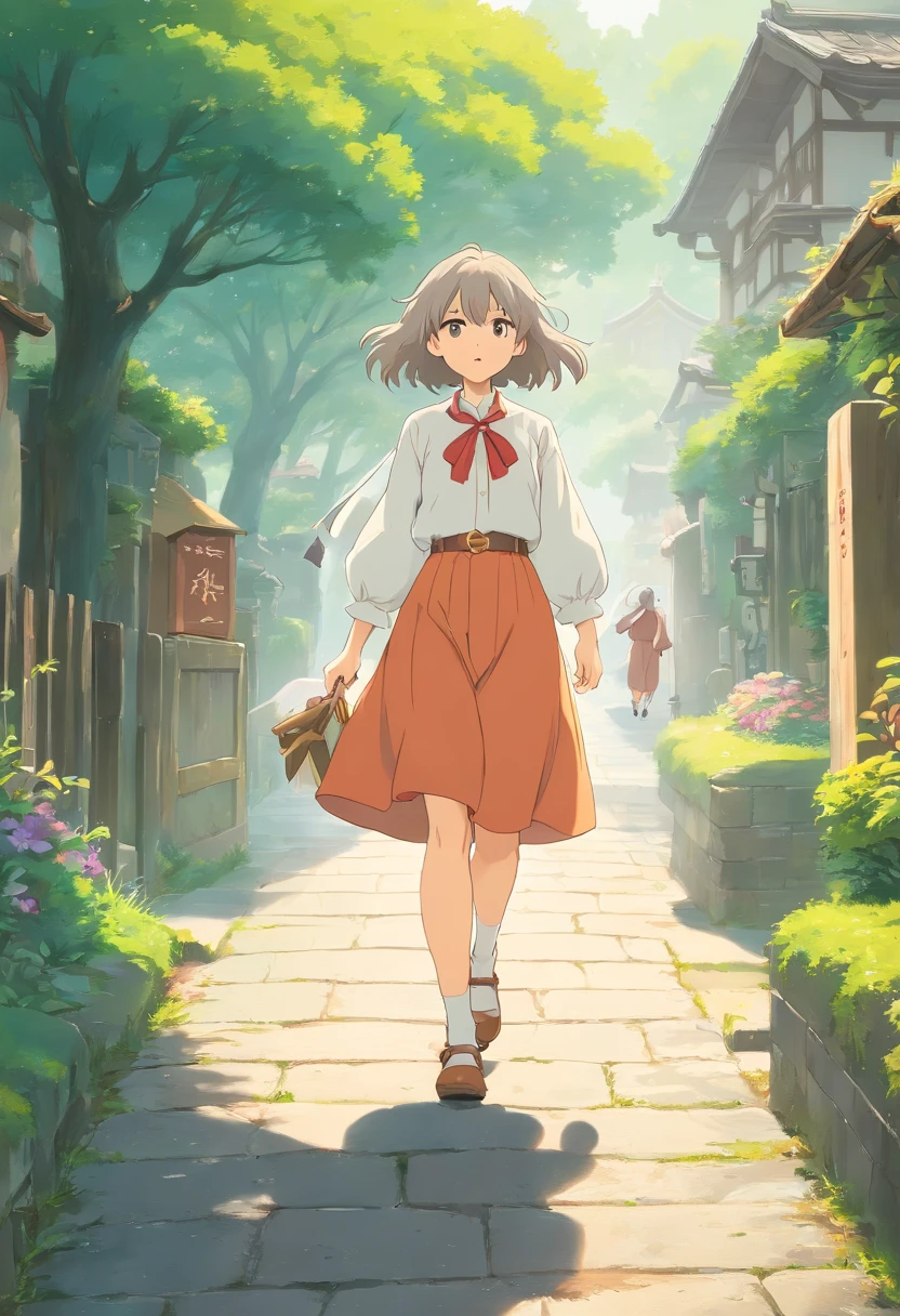 Top quality, 1girls, (Hohle Haut), (large chest), (Tag), hell, background blur, al fresco, (road:0.6), (Haar:1.5), (Bluse:1.5), splendid, (Haar Float:1.5), Weiches Licht, Wind, Garten, road