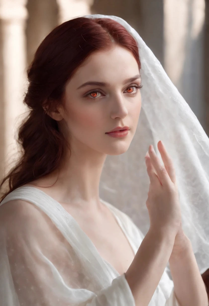 Greek goddess of hearth and fire, with ((Dark red hair)) and ((Dark red eyes)), with fair skin, Wearing a long white Greek robe and a white veil, It looks mysterious and beautiful, Inside an ancient Greek temple, "Vesta Sacred Flame", greek myth, Sacred atmosphere, Photorealistic, Super high quality, Super detail, ultra accurate description of hands, Masterpiece, 8K, hdr