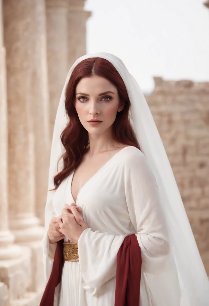 Greek goddess of hearth and fire, with ((Dark red hair)) and ((Dark red eyes)), with fair skin, Wearing a long white Greek robe and a white veil, It looks mysterious and beautiful, Inside an ancient Greek temple, "Vesta Sacred Flame", greek myth, Sacred atmosphere, Photorealistic, Super high quality, Super detail, ultra accurate description of hands, Masterpiece, 8K, hdr