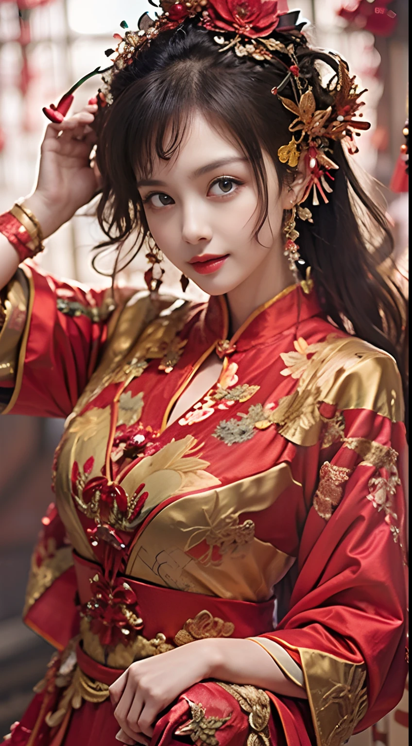 A woman wearing a red and gold Chinese dress，Phoenix crown，a chinese wedding，（tmasterpiece，top Quority，best qualtiy，offcial art，Beauty and aesthetics：1.2），（1girll：1.3），The is very detailed，（s fractal art：1.1），Most detailed，（ zentangle:1.2), full bodyesbian, (abstract backgrounds:1.3), (Shiny skin), (many color:1.4), happy smile,(Earrings), (feater:1.5), sexy pose, naked upper body