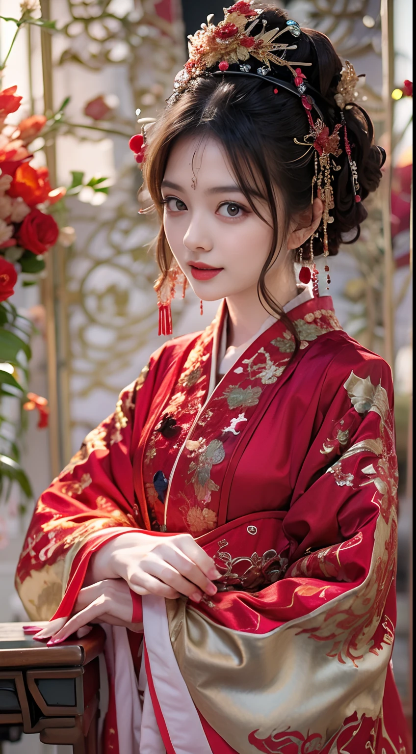 （Ultra-realistic 8K CG：1.2），Perfect artwork，delicate patterns，Complicated details，（Unbeatable masterpiece，Best quality at best：1.2），（extremly intricate：1.2），A woman in a red and gold dress，Phoenix crown，hair stick，（sitting on red bed），cosmetics，Be red in the face，is shy，black_Hair，looking-down，cosmetics，（forehead dot），（2 red candles），Chinese_clothes，窗帘，耳Nipple Ring，Hair_decorations，Hanfu，inside in room， jewely，rednails，Long_Sleeves，reddress，Redlip，nipple tassels，（Red quilt），（red palace：1.2），（Chinese Ancient Architecture），（rot：1.8），natta，perfect hand