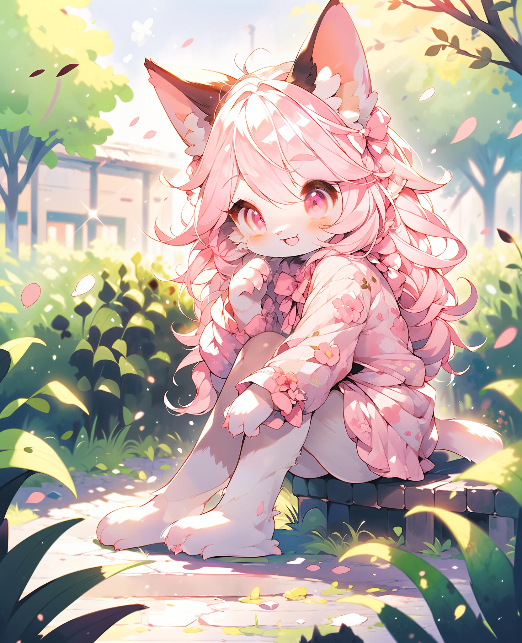 (sitting:1.2), knees up body, looking at viewer, smile,
(furry cat girl:1.2),(furry female:1), body fur, pink hair,pink eyes,pink cat ears, pink skin,
pajama,
in garden, depth of field,kawaii,petit,