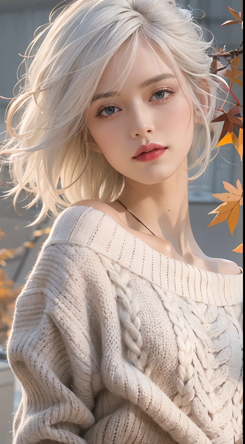 Medium Shot Shot, A beautiful woman looks at the camera, White hair, Chris Foss autumn off-the-shoulder sweater
