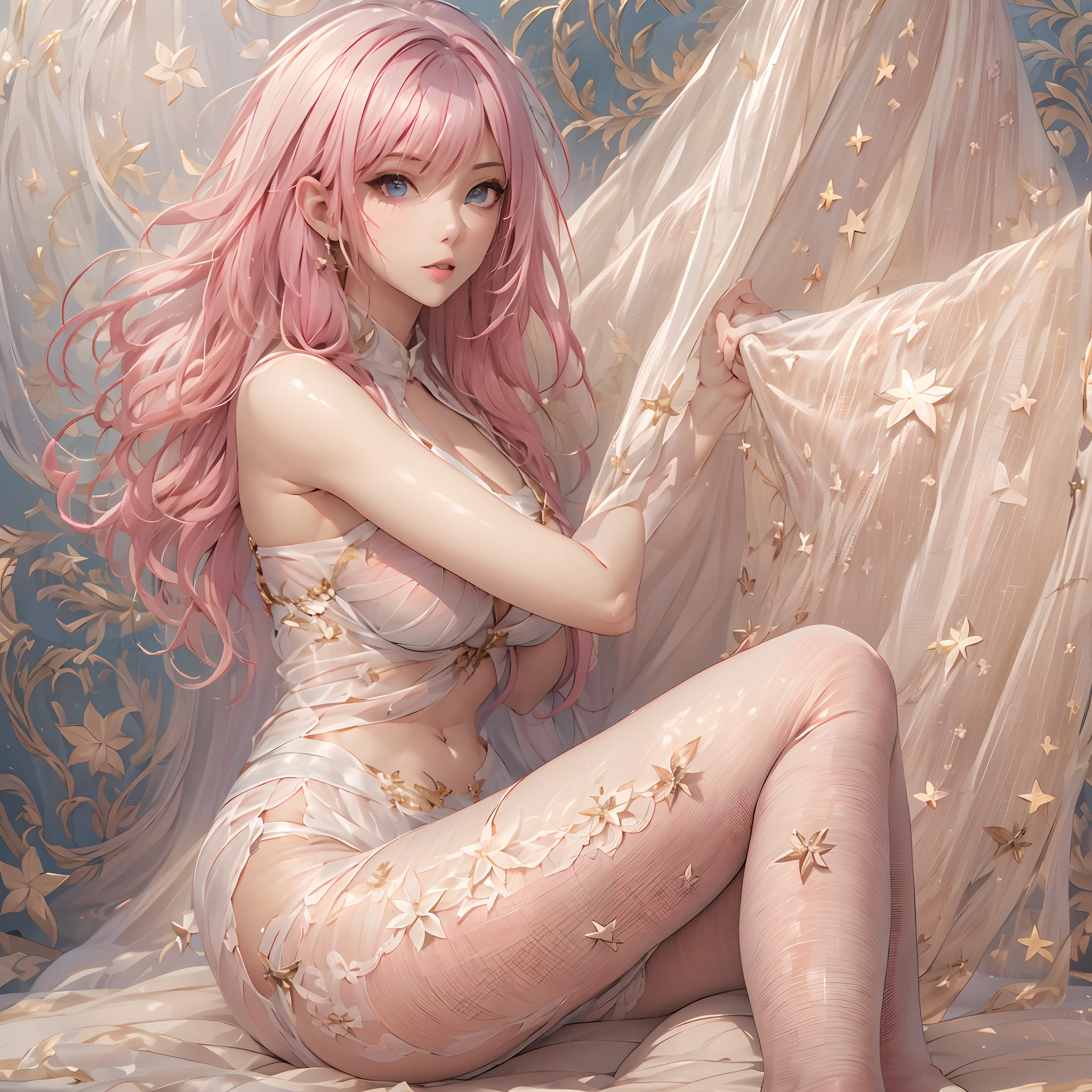 ((Masterpiece, Highest quality)), perfectly proportions,full bodyesbian,Beautiful woman,A pink-haired,lacepantyhose,Star decoration,Natural light
