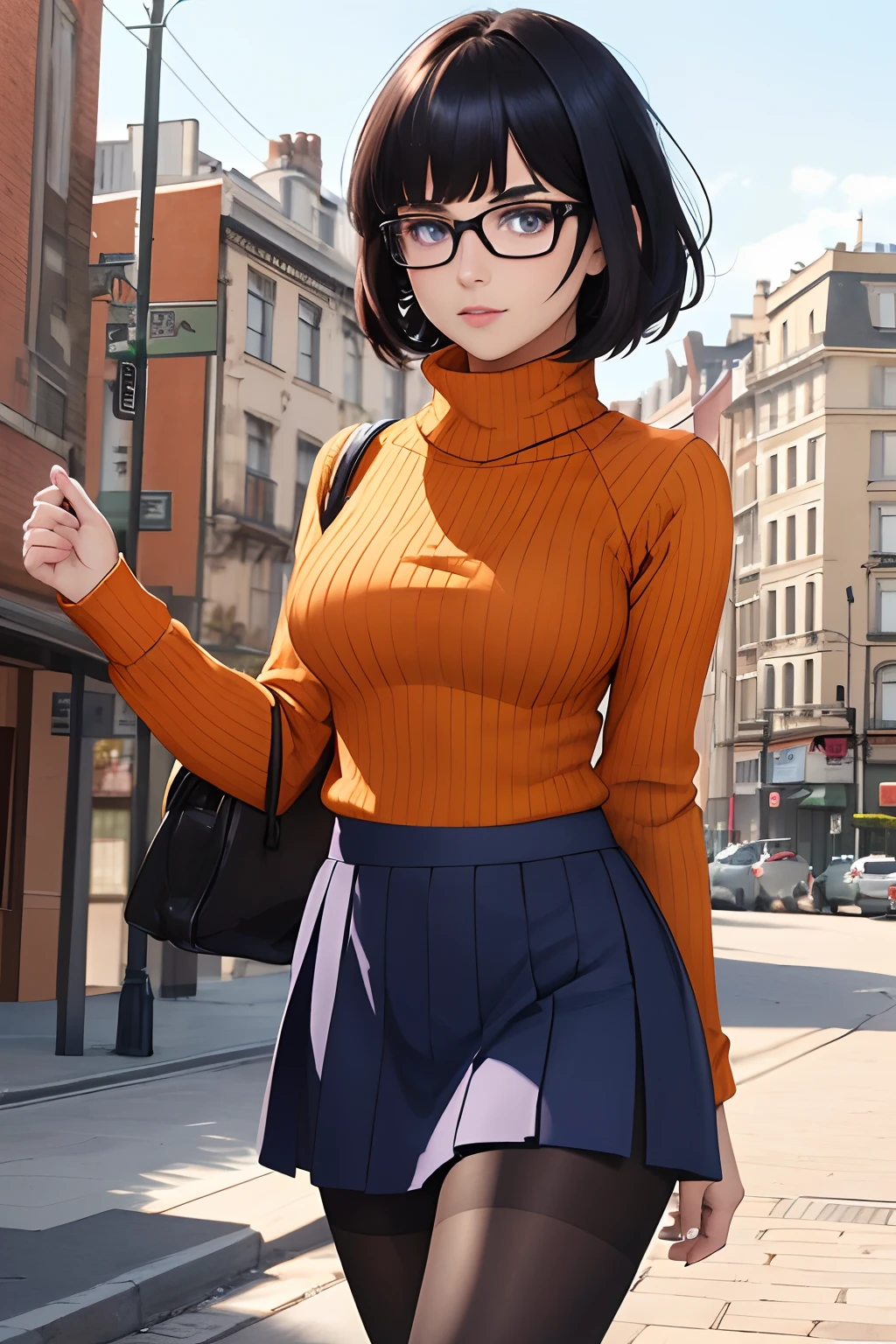 (masterpiece:1.2), (best quality), (ultra detailed), (8k, 4k, intricate),(full-body-shot:1), (highly detailed:1.2),(detailed face:1.2), (detailed background),detailed landscape, ((portrait)), (dynamic pose:1.2)  velma, 1girl, solo, looking at viewer, short hair, skirt, dark blue hair, purple eyes, pantyhose, pleated skirt, glasses, sweater, turtleneck, ribbed sweater, turtleneck sweater, orange shirt, orange sweater,upper body,bangs