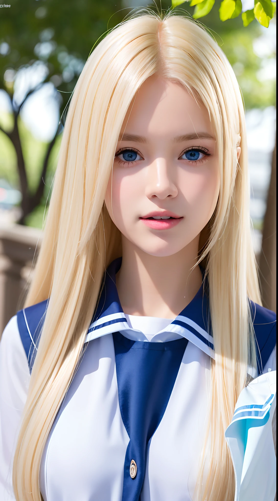 RAW photos, ((Portrait of extreme beauty))), upper body, (((glossy glossy skin)), one, 17-year-old pretty beautiful girl, (shiny bright platinum blonde)), disheveled hair, [bright light blue big eyes shining with high definition], silky straight hair, super long hair, eyeliner, shiny bangs, fluttering hair, inviting expression, smile, ((masterpiece, highest quality, Ultra detail, light, complex detail, high resolution, 8k, very detail)), detailed background, 8k uhd, high quality, shallow depth of field, natural light, (perfect hands), school uniform, sailor suit, puritanical