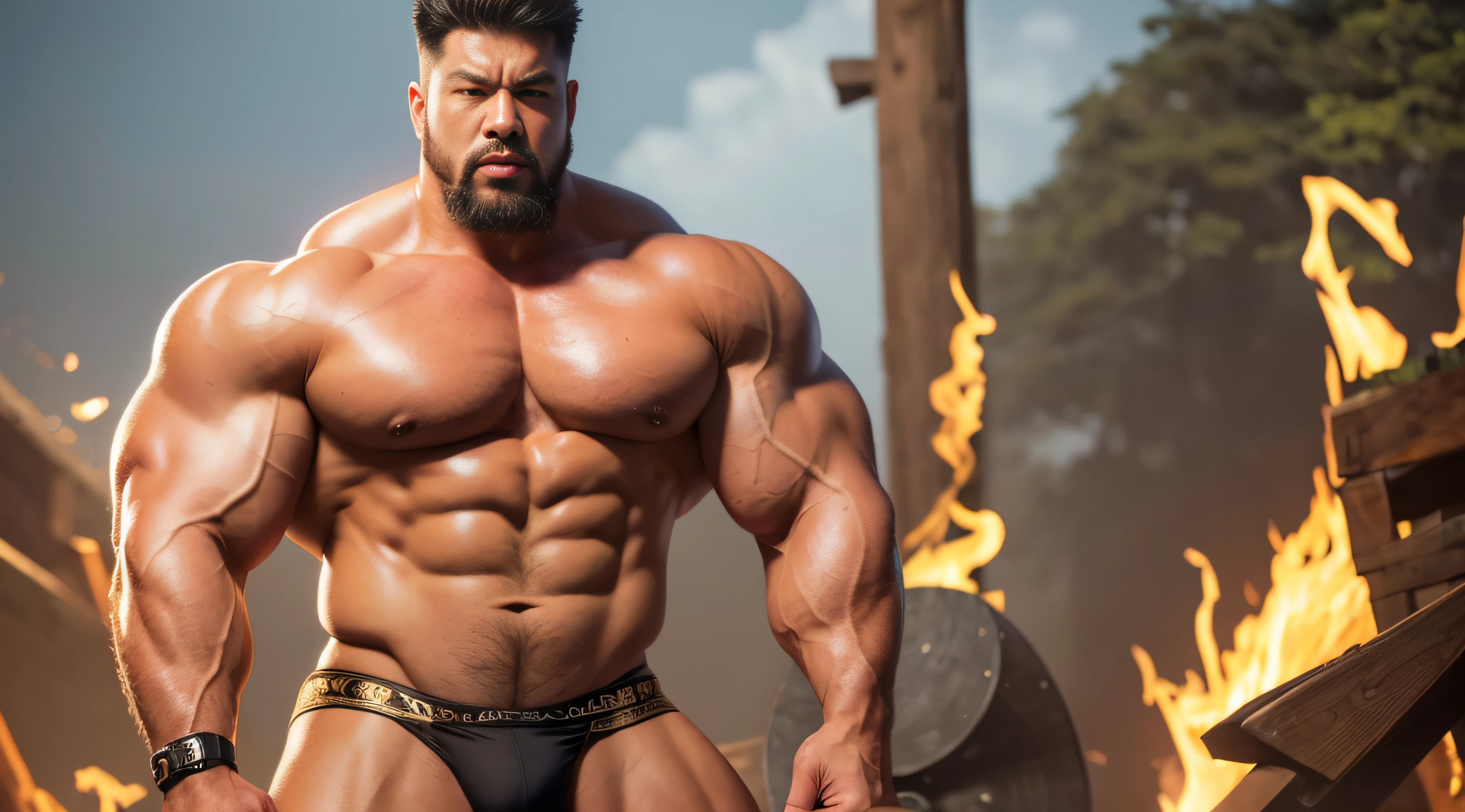 (Extremely detailed 8k wallpaper), A Chinese shaman,High detail, Dramatic ，short detailed hair，short mustache，Wear bright gold thongs，Perfect figure with tattoos, Very huge and strong body, Bulging muscles, musculous, Very large pectoral muscles，Very sexy abs，The legs are muscular，Tall and mighty，Exposed Body,Wear bright gold thongs，Tall and burly，toned figure，Huge raised genital area，Brightens oily skin，Muscular，hulk body type，photo hyper realistic, artsy photography, oil on the canvas, hyper HD, 32K, super sharp focus,