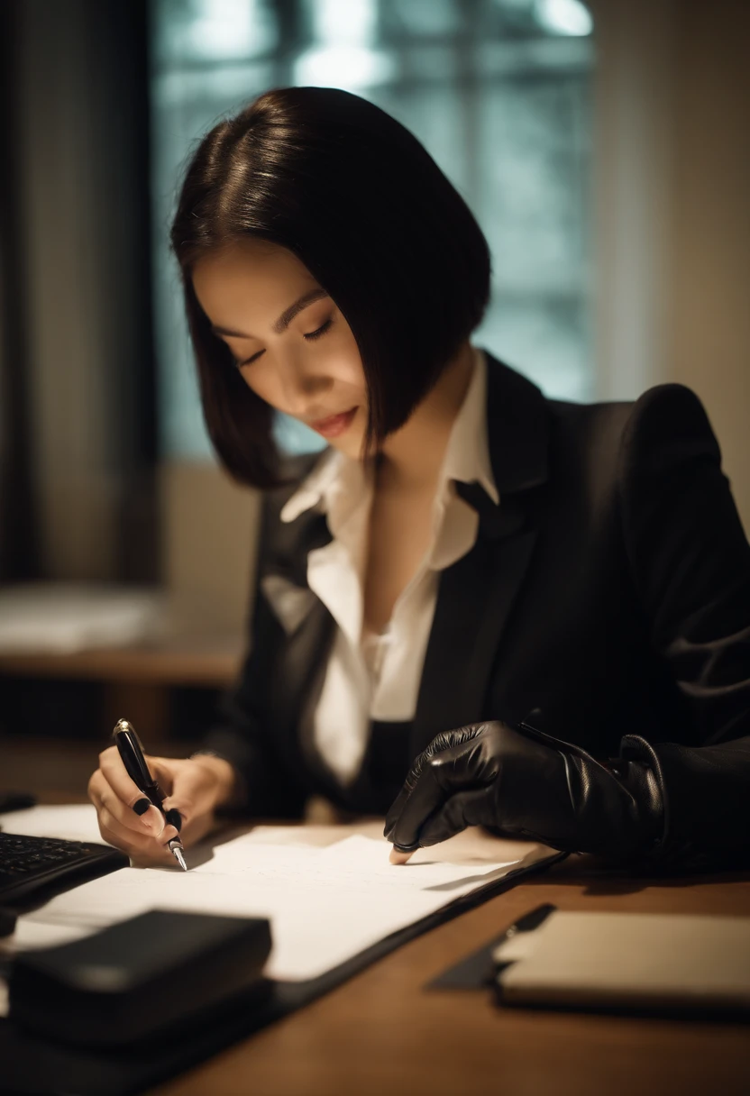 Wearing black leather gloves in both hands, upper body, black business suit, facing the desk in the modern study in the dark, looking down, smiling, writing a letter using a fountain pen, long, straight black hair, young and cute face Japanese female new employee (black leather gloves cover both hands)