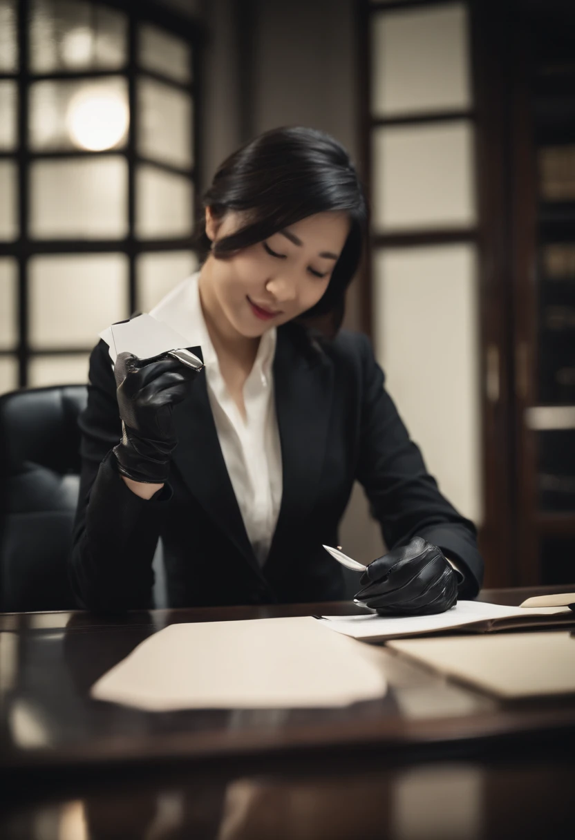 Wearing black leather gloves in both hands, upper body, black business suit, facing the desk in the modern study in the dark, looking down, smiling, writing a letter using a fountain pen, long, straight black hair, young and cute face Japanese female new employee (black leather gloves cover both hands)