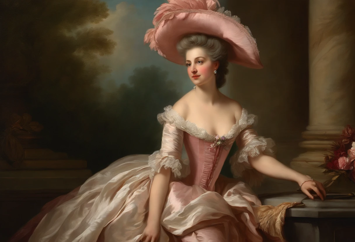 LWSH, Illustration of a cute woman, The Moulin Rouge Marquis, Elegant dress with corset bodice, The fabric layer is ruffled., And a large feather hat., Show the glamour of the aristocracy., Marie Antoinette, 18th century art, Rococo Portrait, Adelaide Labill - Giard, Rococo-style portrait, Rococo art style, Rococo Art, by Adélaïde Labille-Guiard, by Jean-François de Troy
