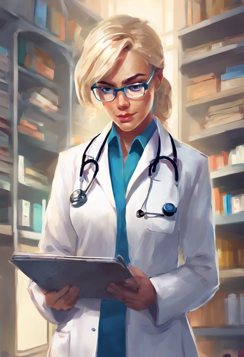 1womanl, , doctor, very light blonde hair, down ponytail hair, square glasses, sly look, frown , white lab coat, blue shirt, blue gloves reading the clipboard