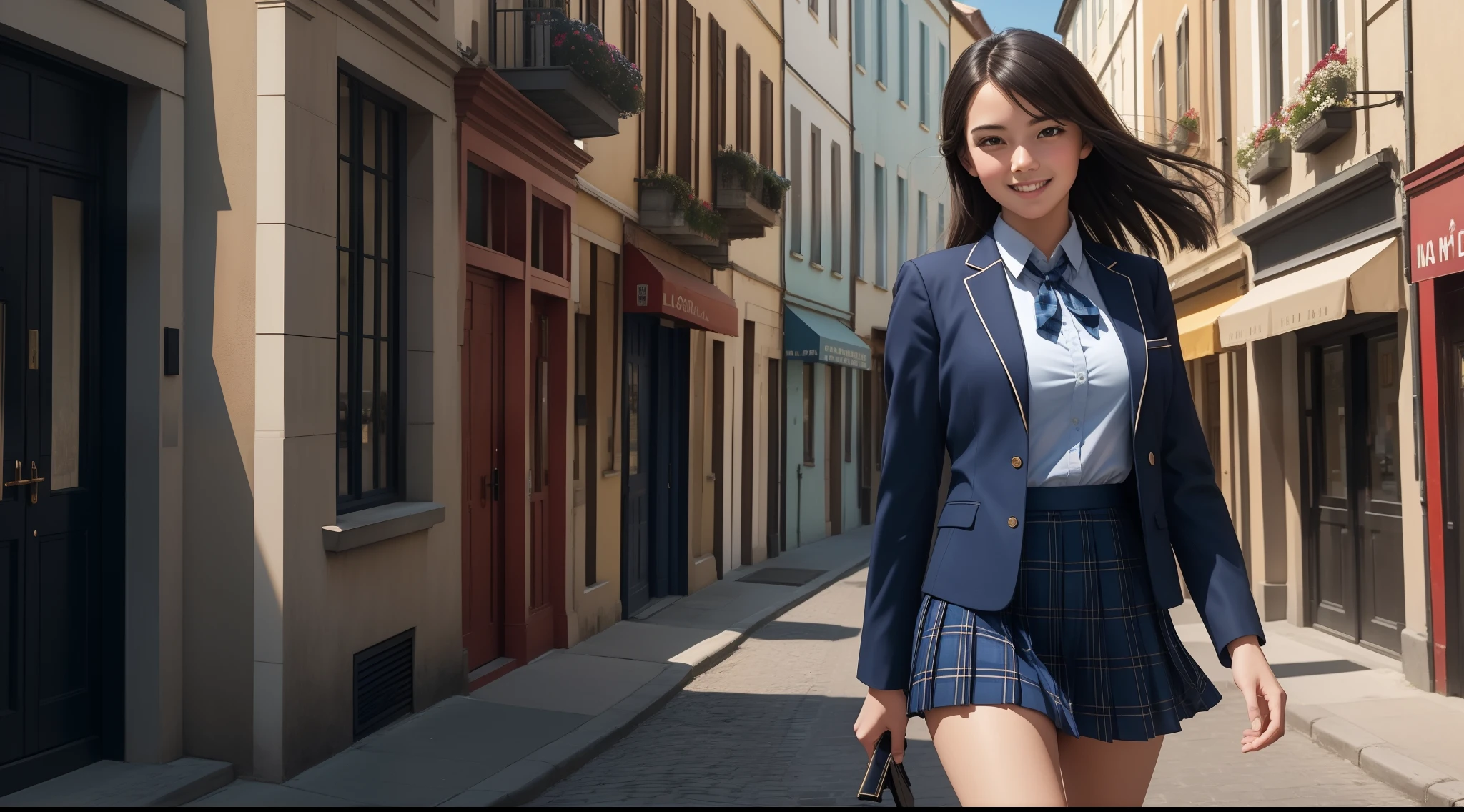 (Like lomography), wide margin on the left, (Formal jacket dark blue), The theme color is blue, masterpiece, Super Detail, High quality, awardwinning, 8K, (girl), Solo, Smiling, High School Uniform, White shirt, Short tie, Short pleated skirt is plaid, Half body shot, Shooting from the front, Detailed fingers, in a port town, in Europe, on a sunny day, summer scenery, romantic, Cinematic Light, vignetted