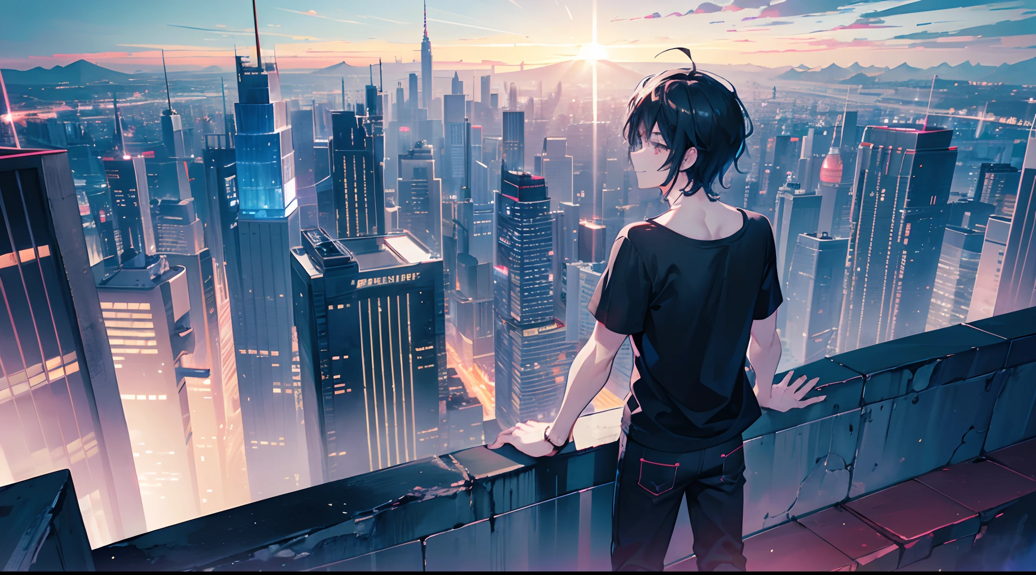 1 boy standing on edge of the highest building and looking at the beauty of Night city, black T-shirt loosefit layering, black denim pant, Boots, relaxing wind, happy relaxed boy, Smile face, looking at city, epic, anime, 8k, masterpiece, highly detailed