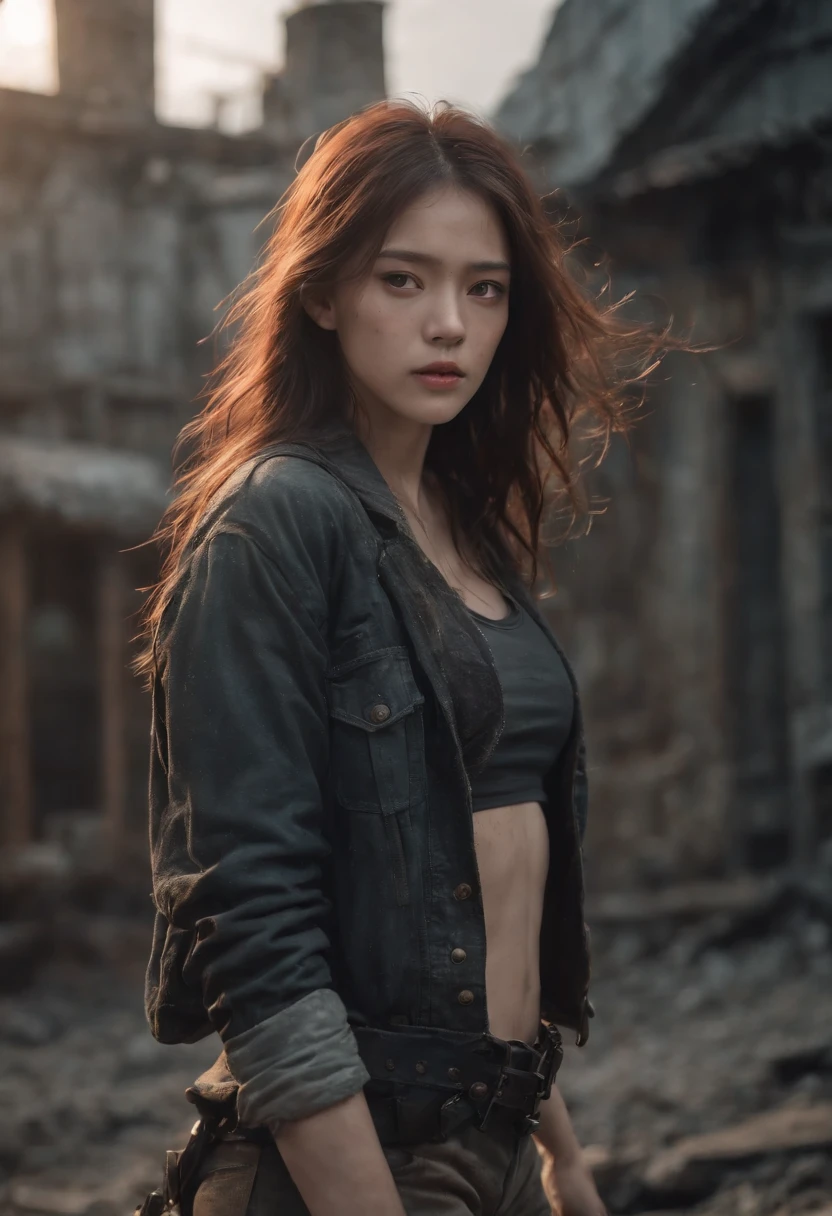 A breathtakingly beautiful girl, radiant and captivating eyes, cold and intense, long flowing hair, sweaty body, Post-apocalyptic Punk shirt, short shorts, boot, (Ultra photo realsisim:1.3), Realistic, (best quality real texture skin, film atmosphere), Tattered clothes, (Post-apocalyptic Punk, Post-apocalyptic Fiction), a post-apocalyptic world with collapsing buildings, (bloodstains), art by Kurahashi Rei, haunting and solemn, a beam of light shines through, illuminating the somber surroundings, (Best quality, masterpiece, depth of field, Full HD, 4K, richness of detail), Portrait style,medium shot
