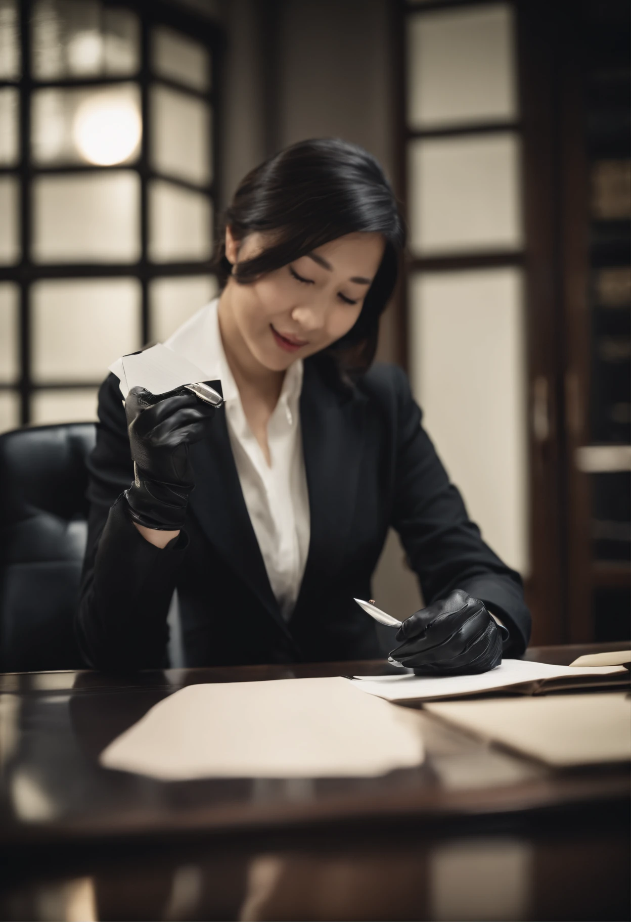 Wearing black leather gloves in both hands, upper body, black business suit, facing the desk in the modern study in the dark, looking down, smiling, writing a letter using a fountain pen, long, straight black hair, young and cute face Japanese female new employee (black leather gloves cover both hands)