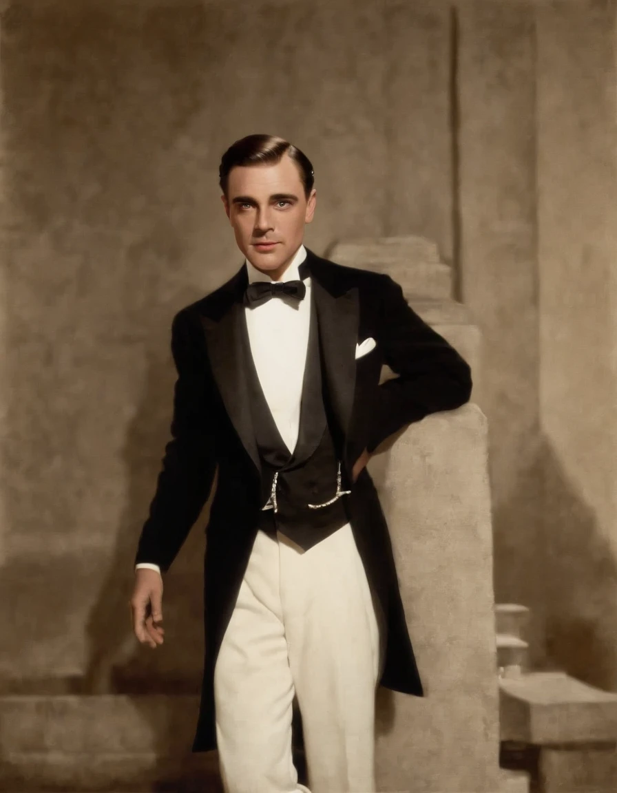drawing of a man in a tuxedo, in the style of coles phillips, unique characters, rtx on, colorized, composed, tex avery, dadaist,(medium close-up)