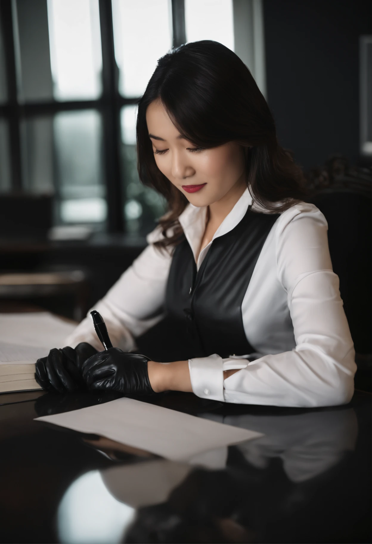 Wearing black leather gloves in both hands, upper body, black business suit, facing the desk in the modern study in the dark, looking down, smiling, writing a letter using a fountain pen, long, straight black hair, young and cute face Japanese female new employee (black leather gloves cover both hands)