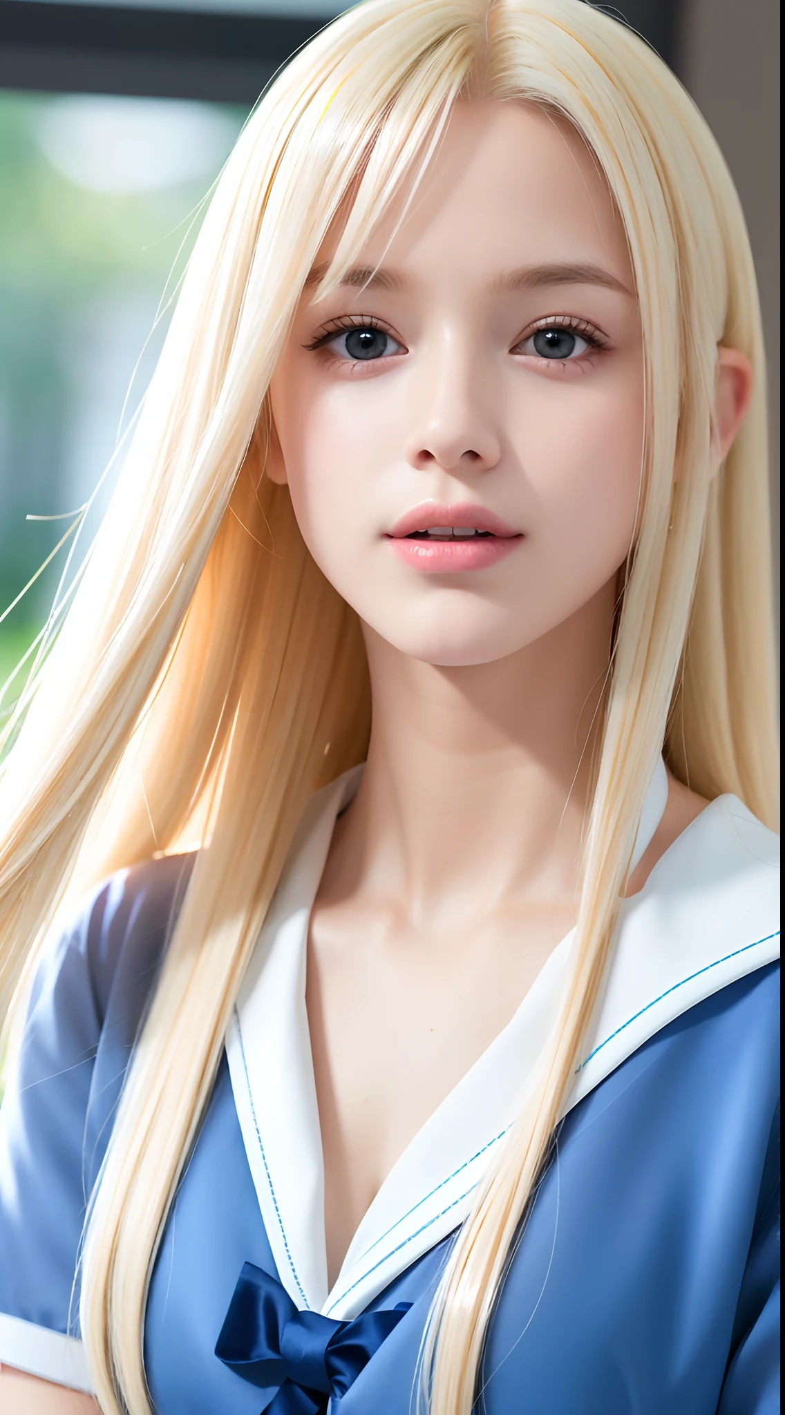 RAW photos, ((Portrait of extreme beauty))), upper body, (((glossy glossy skin)), one, 17-year-old pretty beautiful girl, (shiny bright platinum blonde)), disheveled hair, [bright light blue big eyes shining with high definition], silky straight hair, super long hair, eyeliner, shiny bangs, fluttering hair, inviting expression, smile, ((masterpiece, highest quality, Ultra detail, light, complex detail, high resolution, 8k, very detail)), detailed background, 8k uhd, high quality, shallow depth of field, natural light, (perfect hands), school uniform, sailor suit, puritanical