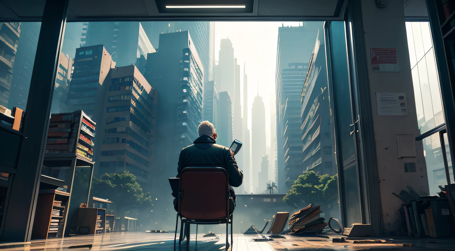 cyberpunk city library, city destroyed from the windows, old man studing