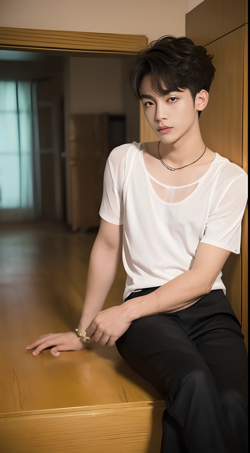 ((melhor qualidade, 8k, obra-prima: 1.3)), 1 korean boy, SUGA, Abs Slim Beleza: 1.3, (messy hairstyle, corpo definido: 1.2), curto: 1.1, Rosto Super Fino, olhos delicados, Double eyelidm, quarto, pose sensual , hair black