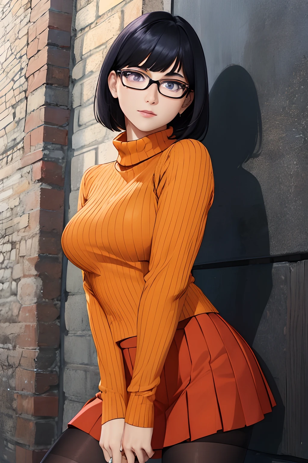 (masterpiece:1.2), (best quality), (ultra detailed), (8k, 4k, intricate),(full-body-shot:1), (highly detailed:1.2),(detailed face:1.2), (detailed background),detailed landscape, ((portrait)), (dynamic pose:1.2) velma, 1girl, solo, looking at viewer, short hair, skirt, dark blue hair, purple eyes, pantyhose, pleated skirt, glasses, sweater, turtleneck, ribbed sweater, turtleneck sweater, orange shirt, orange sweater,upper body,bangs