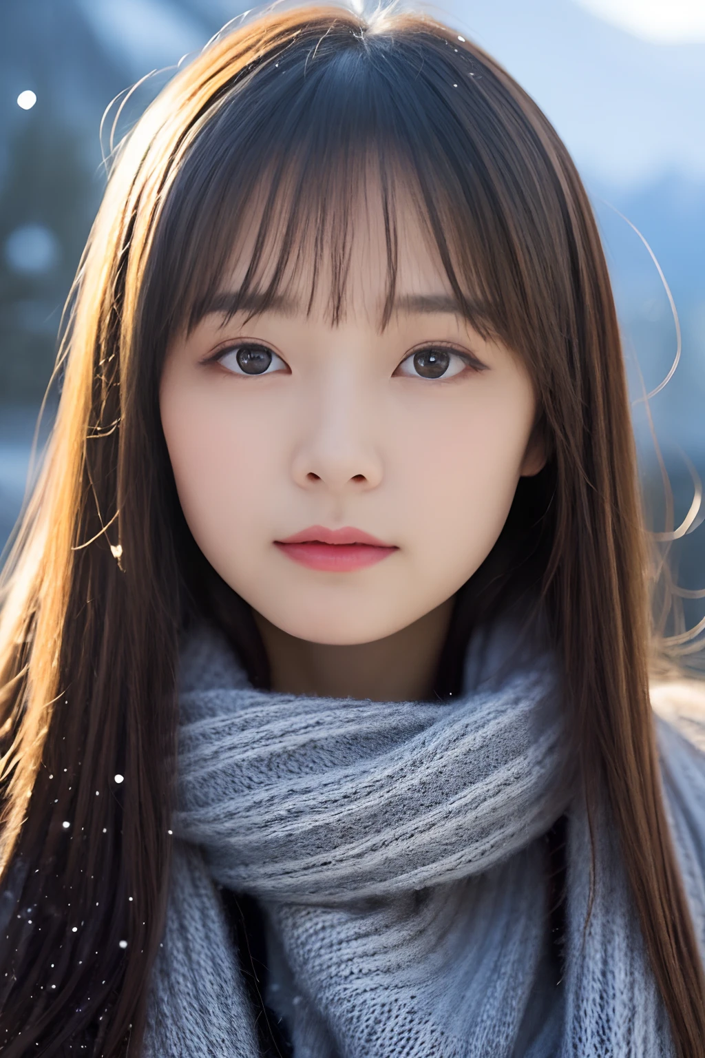 ((Show face only、Close-up of face))、(The mouth is hidden by a scarf:1.2)、(realisitic、Photorealsitic、ultra-detailliert、Highest Details Skins、top-quality、masterpiece、超A high resolution)、Cute Japan Woman、、hi-school girl、younggirl、Thin makeup、1 girl in、I have bangs、二重まぶた、drooing eyes、View here、Realistic skin type、Thick muffler、fluffy hair、snow mountains、Winters、Hair bulges with a scarf、It's snowing