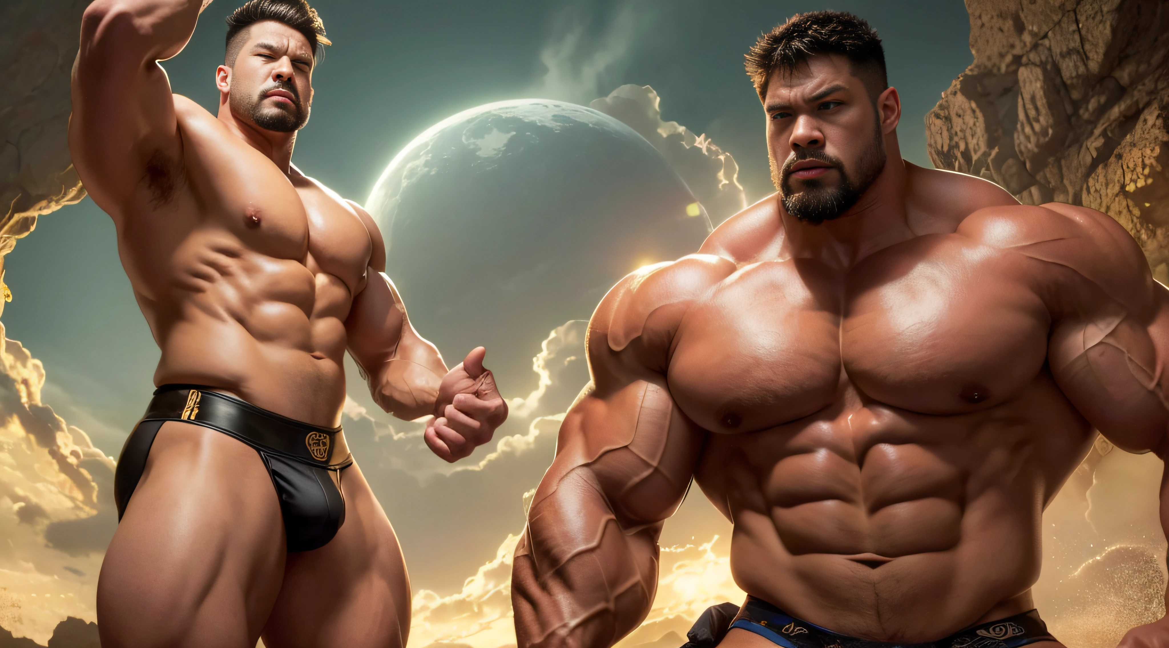 (Extremely detailed 8k wallpaper), A Chinese shaman,High detail, Dramatic ，short detailed hair，short mustache，Wear bright gold thongs，Perfect figure with tattoos, Very huge and strong body, Bulging muscles, musculous, Very large pectoral muscles，Very sexy abs，The legs are muscular，Tall and mighty，Exposed Body,Wear bright gold thongs，Tall and burly，toned figure，Huge raised genital area，Brightens oily skin，Muscular，hulk body type，photo hyper realistic, artsy photography, oil on the canvas, hyper HD, 32K, super sharp focus,