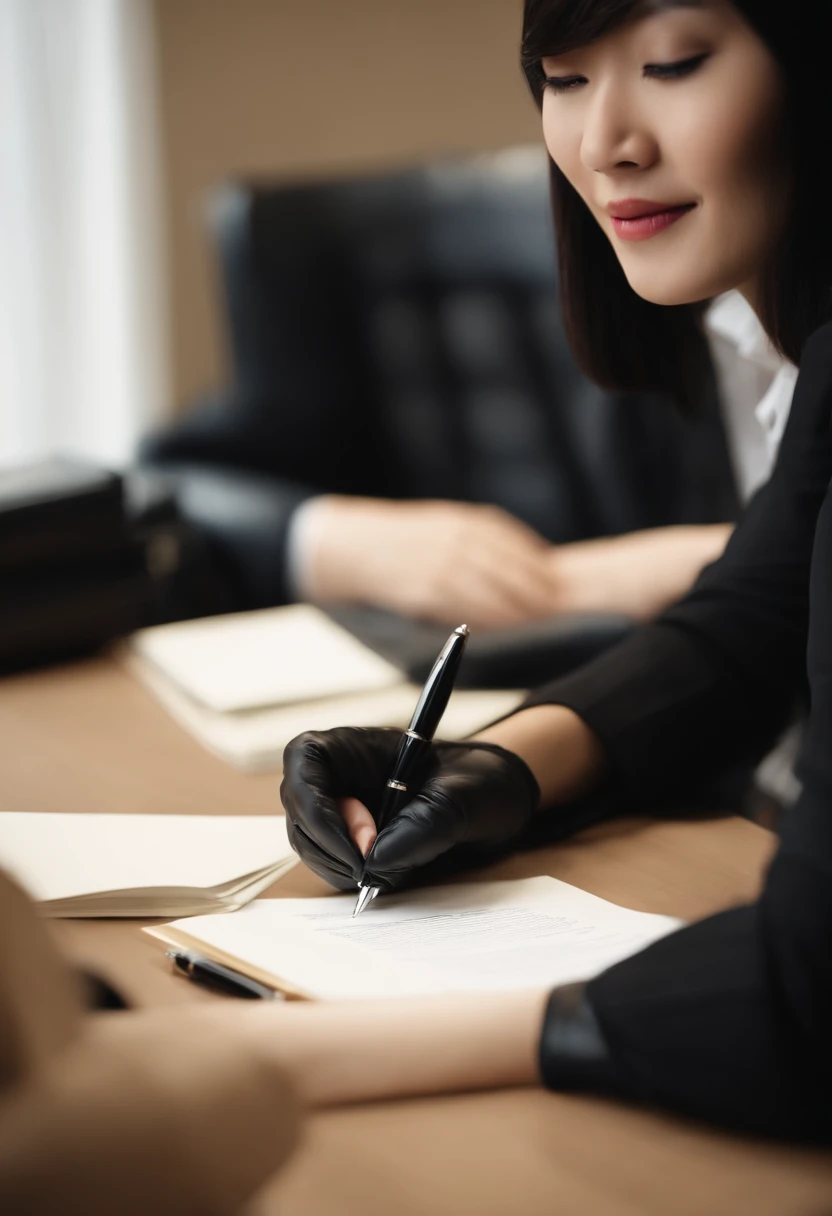 Wearing black leather gloves in both hands, upper body, black business suit, facing the desk in the modern study in the dark, looking down, smiling, writing a letter using a fountain pen, long, straight black hair, young and cute face Japanese female new employee (black leather gloves cover both hands)