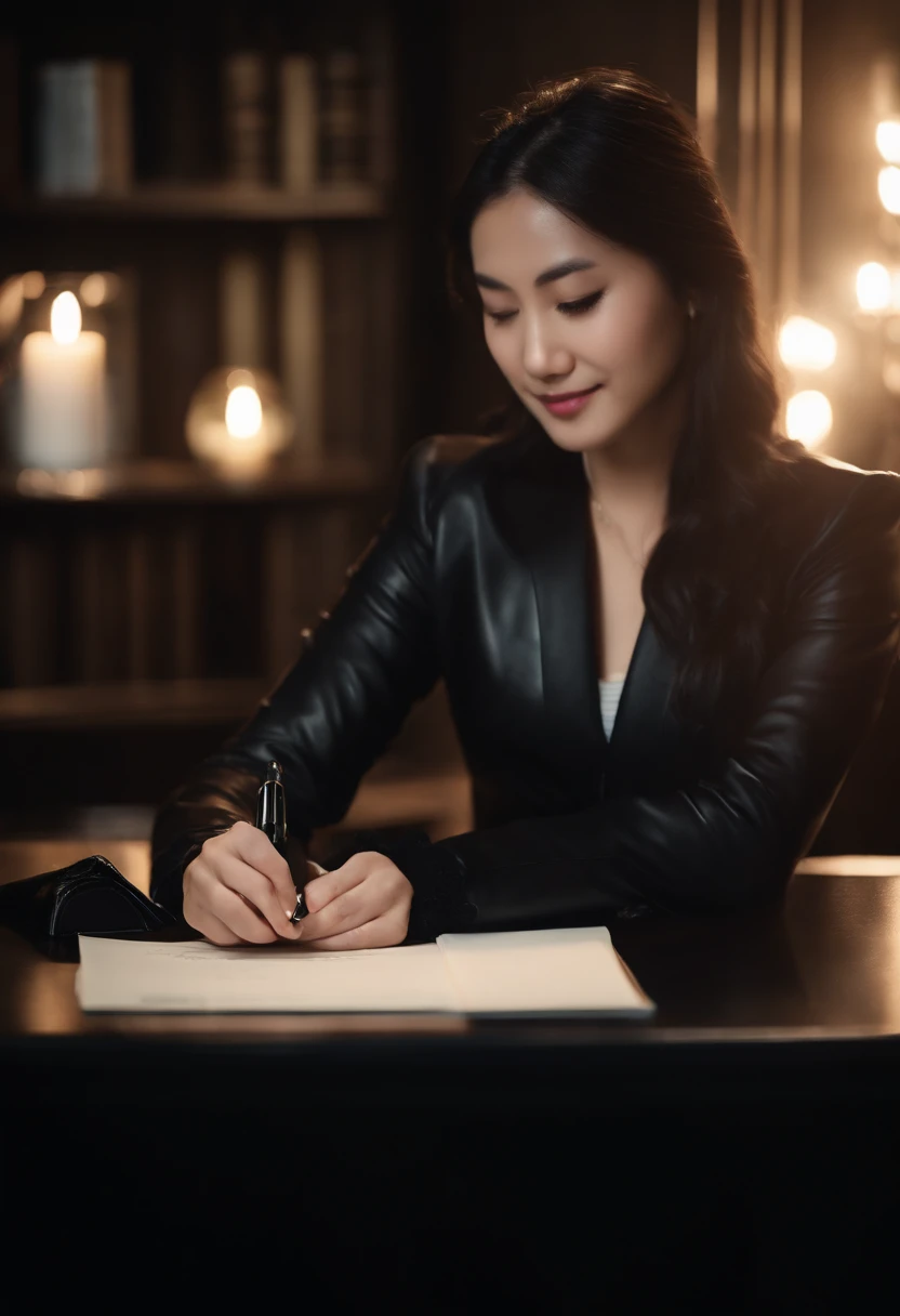 Wearing black leather gloves in both hands, upper body, black business suit, facing the desk in the modern study in the dark, looking down, smiling, writing a letter using a fountain pen, long, straight black hair, young and cute face Japanese female new employee (black leather gloves cover both hands)
