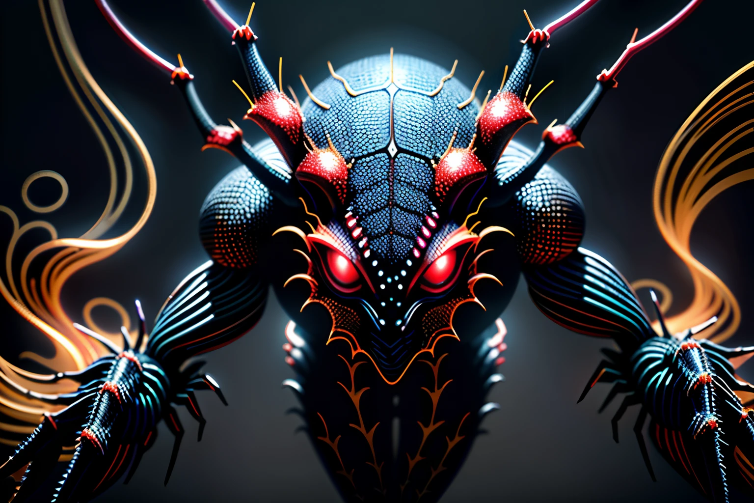 myth creature of spider, dark fantasy style, two large compound eyes and two small compound eyes, glowing wine red smoke eyes, fury and rage with royal atmosphere, intricate detailed texture, insane details, neuron spiderweb background detailed, highest quality, masterpiece, smooth detail skin, 32k resolution, fiber optic light painting with gel ink add palette knife drawing,